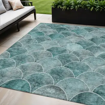 5' X 8' Teal Blue Aqua And Gray Abstract Washable Indoor Outdoor Area Rug