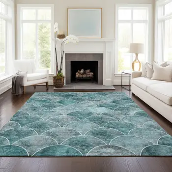 5' X 8' Teal Blue Aqua And Gray Abstract Washable Indoor Outdoor Area Rug
