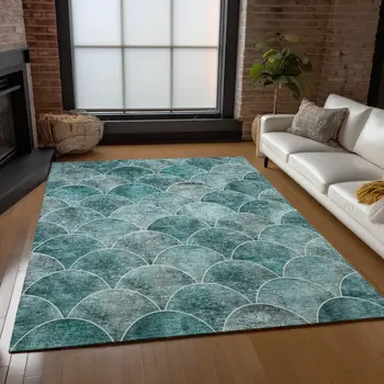 5' X 8' Teal Blue Aqua And Gray Abstract Washable Indoor Outdoor Area Rug