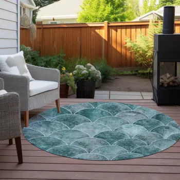 8' Teal Blue Aqua And Gray Round Abstract Washable Indoor Outdoor Area Rug