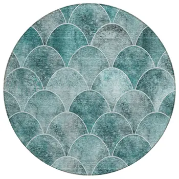 8' Teal Blue Aqua And Gray Round Abstract Washable Indoor Outdoor Area Rug