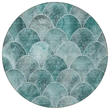 8' Teal Blue Aqua And Gray Round Abstract Washable Indoor Outdoor Area Rug