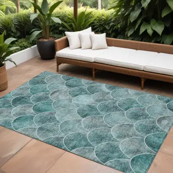 9' X 12' Teal Blue Aqua And Gray Abstract Washable Indoor Outdoor Area Rug