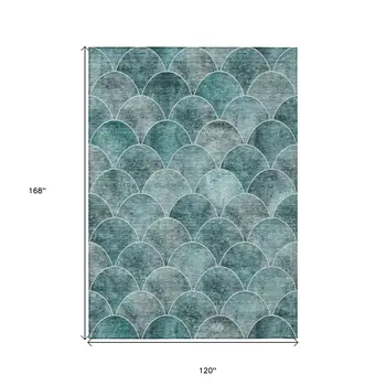 10' X 14' Teal Blue Aqua And Gray Abstract Washable Indoor Outdoor Area Rug