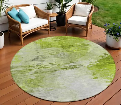 8' Artichoke Green And Lime Green Round Abstract Washable Indoor Outdoor Area Rug