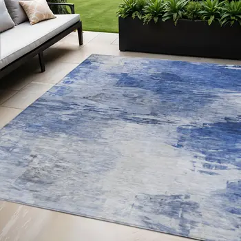 5' X 8' Denim Blue And Sky Blue Abstract Washable Indoor Outdoor Area Rug