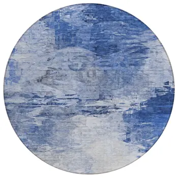 8' Denim Blue And Sky Blue Round Abstract Washable Indoor Outdoor Area Rug