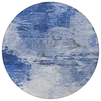 8' Denim Blue And Sky Blue Round Abstract Washable Indoor Outdoor Area Rug