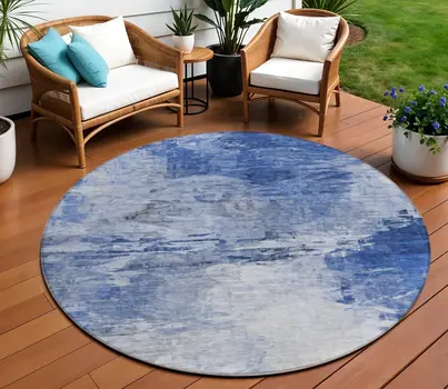 8' Denim Blue And Sky Blue Round Abstract Washable Indoor Outdoor Area Rug