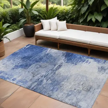 10' X 14' Denim Blue And Sky Blue Abstract Washable Indoor Outdoor Area Rug
