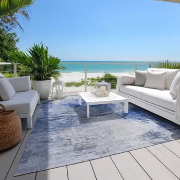 10' X 14' Denim Blue And Sky Blue Abstract Washable Indoor Outdoor Area Rug