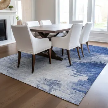 10' X 14' Denim Blue And Sky Blue Abstract Washable Indoor Outdoor Area Rug