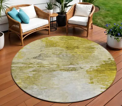 8' Gold Beige And Wheat Round Abstract Washable Indoor Outdoor Area Rug
