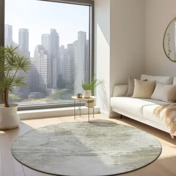 8' Ivory Beige And Taupe Round Abstract Washable Indoor Outdoor Area Rug