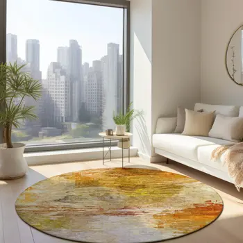 8' Orange Copper And Terra Cotta Round Abstract Washable Indoor Outdoor Area Rug