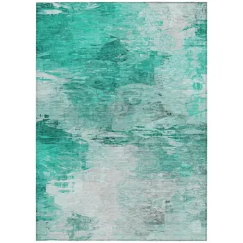3' X 5' Teal Blue Aqua And Silver Abstract Washable Indoor Outdoor Area Rug