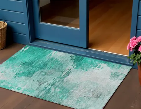 3' X 5' Teal Blue Aqua And Silver Abstract Washable Indoor Outdoor Area Rug