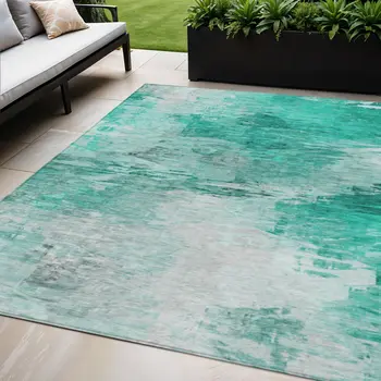 5' X 8' Teal Blue Aqua And Silver Abstract Washable Indoor Outdoor Area Rug