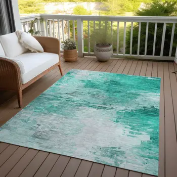 5' X 8' Teal Blue Aqua And Silver Abstract Washable Indoor Outdoor Area Rug