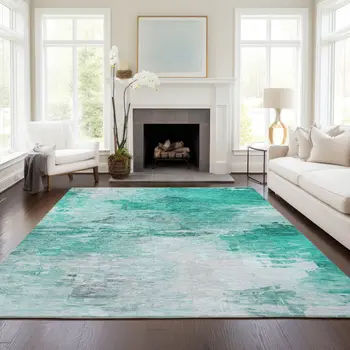 5' X 8' Teal Blue Aqua And Silver Abstract Washable Indoor Outdoor Area Rug