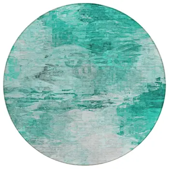 8' Teal Blue Aqua And Silver Round Abstract Washable Indoor Outdoor Area Rug