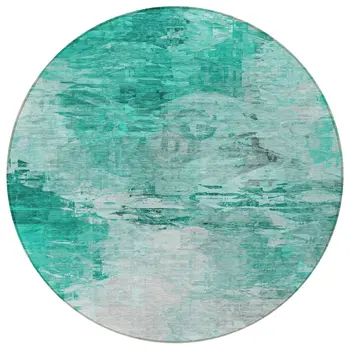 8' Teal Blue Aqua And Silver Round Abstract Washable Indoor Outdoor Area Rug