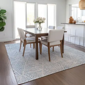 3' X 5' Denim Blue Ivory And Gray Geometric Washable Indoor Outdoor Area Rug