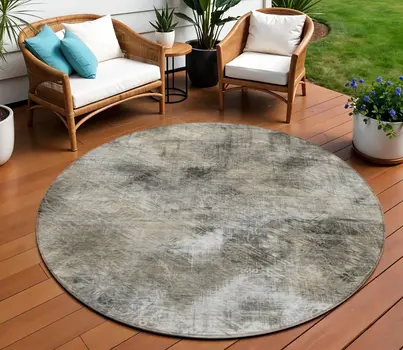 8' Beige Taupe And Gray Round Abstract Washable Indoor Outdoor Area Rug