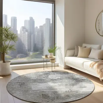 8' Beige Tan And Gray Round Abstract Washable Indoor Outdoor Area Rug
