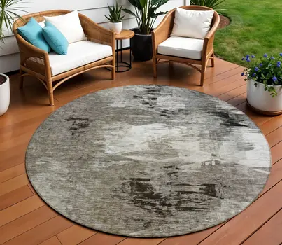 8' Taupe Beige And Ivory Round Abstract Washable Indoor Outdoor Area Rug