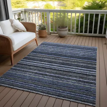 3' X 5' Denim Blue And Gray Striped Washable Indoor Outdoor Area Rug