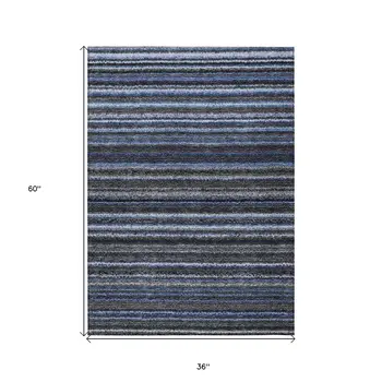 3' X 5' Denim Blue And Gray Striped Washable Indoor Outdoor Area Rug