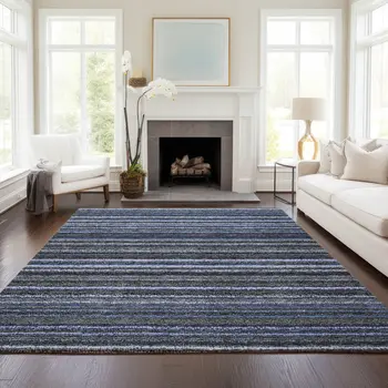 3' X 5' Denim Blue And Gray Striped Washable Indoor Outdoor Area Rug