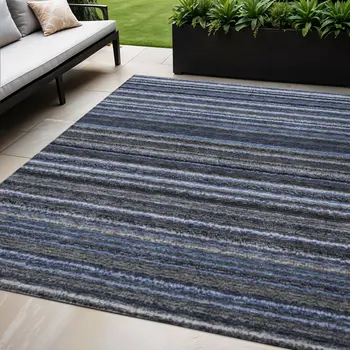 5' X 8' Denim Blue And Gray Striped Washable Indoor Outdoor Area Rug