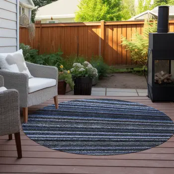 8' Denim Blue And Gray Round Striped Washable Indoor Outdoor Area Rug