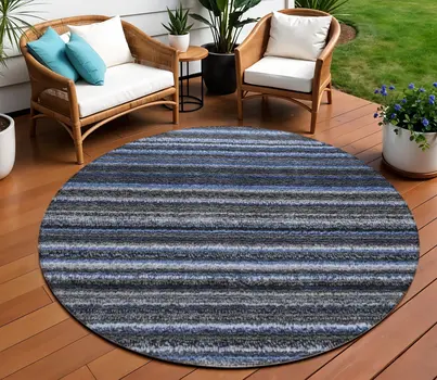 8' Denim Blue And Gray Round Striped Washable Indoor Outdoor Area Rug