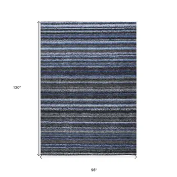 8' X 10' Denim Blue And Gray Striped Washable Indoor Outdoor Area Rug