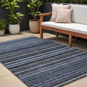 9' X 12' Denim Blue And Gray Striped Washable Indoor Outdoor Area Rug