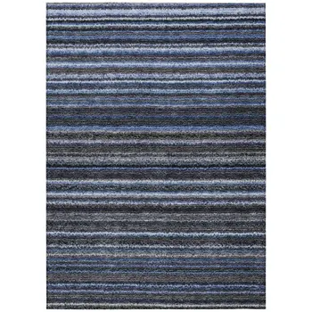 9' X 12' Denim Blue And Gray Striped Washable Indoor Outdoor Area Rug