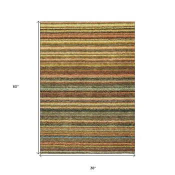 3' X 5' Coral Gold And Green Striped Washable Indoor Outdoor Area Rug