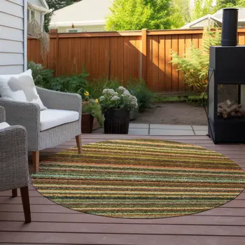 8' Coral Gold And Green Round Striped Washable Indoor Outdoor Area Rug