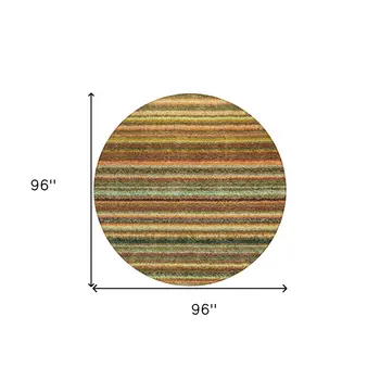 8' Coral Gold And Green Round Striped Washable Indoor Outdoor Area Rug