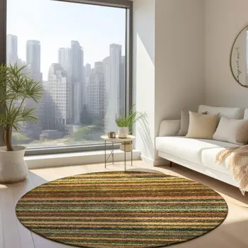 8' Coral Gold And Green Round Striped Washable Indoor Outdoor Area Rug