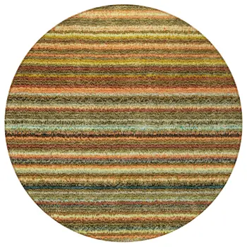 8' Coral Gold And Green Round Striped Washable Indoor Outdoor Area Rug