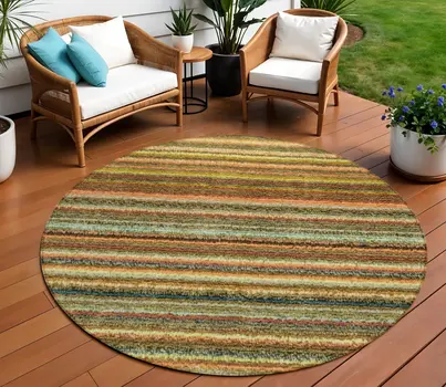 8' Coral Gold And Green Round Striped Washable Indoor Outdoor Area Rug