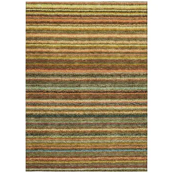 8' X 10' Coral Gold And Green Striped Washable Indoor Outdoor Area Rug
