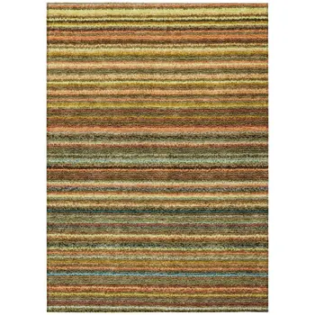 8' X 10' Coral Gold And Green Striped Washable Indoor Outdoor Area Rug