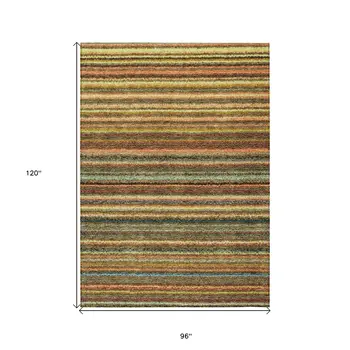 8' X 10' Coral Gold And Green Striped Washable Indoor Outdoor Area Rug