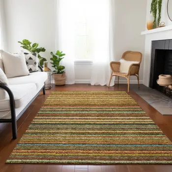 8' X 10' Coral Gold And Green Striped Washable Indoor Outdoor Area Rug