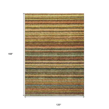 10' X 14' Coral Gold And Green Striped Washable Indoor Outdoor Area Rug